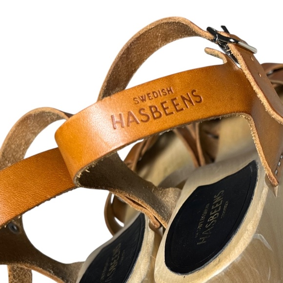 Swedish Hasbeens Kringlan Wood Clogs Heels Tan Woven Leather Sandals EU 39 US 9 - Picture 11 of 13